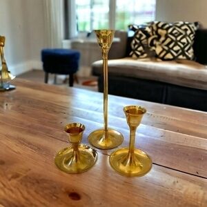 Brass Gold Tone Candlestick Set 3 Piece India Tableware Candle Holders VG